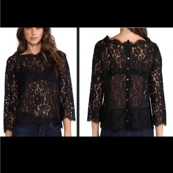 JOIE Allover Lace Elvia C Top in Black Caviar Sheer Transparent Button Down Back - Picture 5 of 5